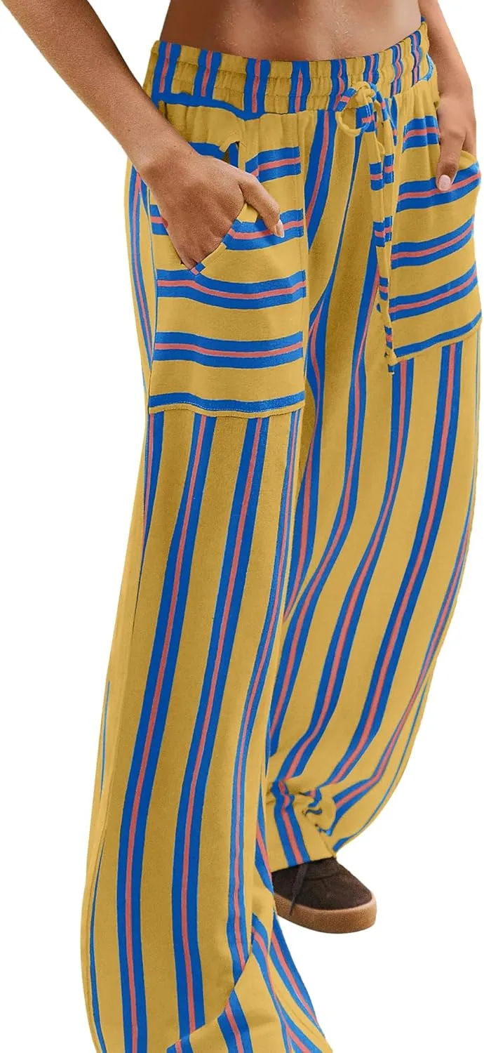 LAMISSCHE Womens Oversized Striped Wide Leg Pants High Waisted Lounge Pants Beach Trousers with Pockets