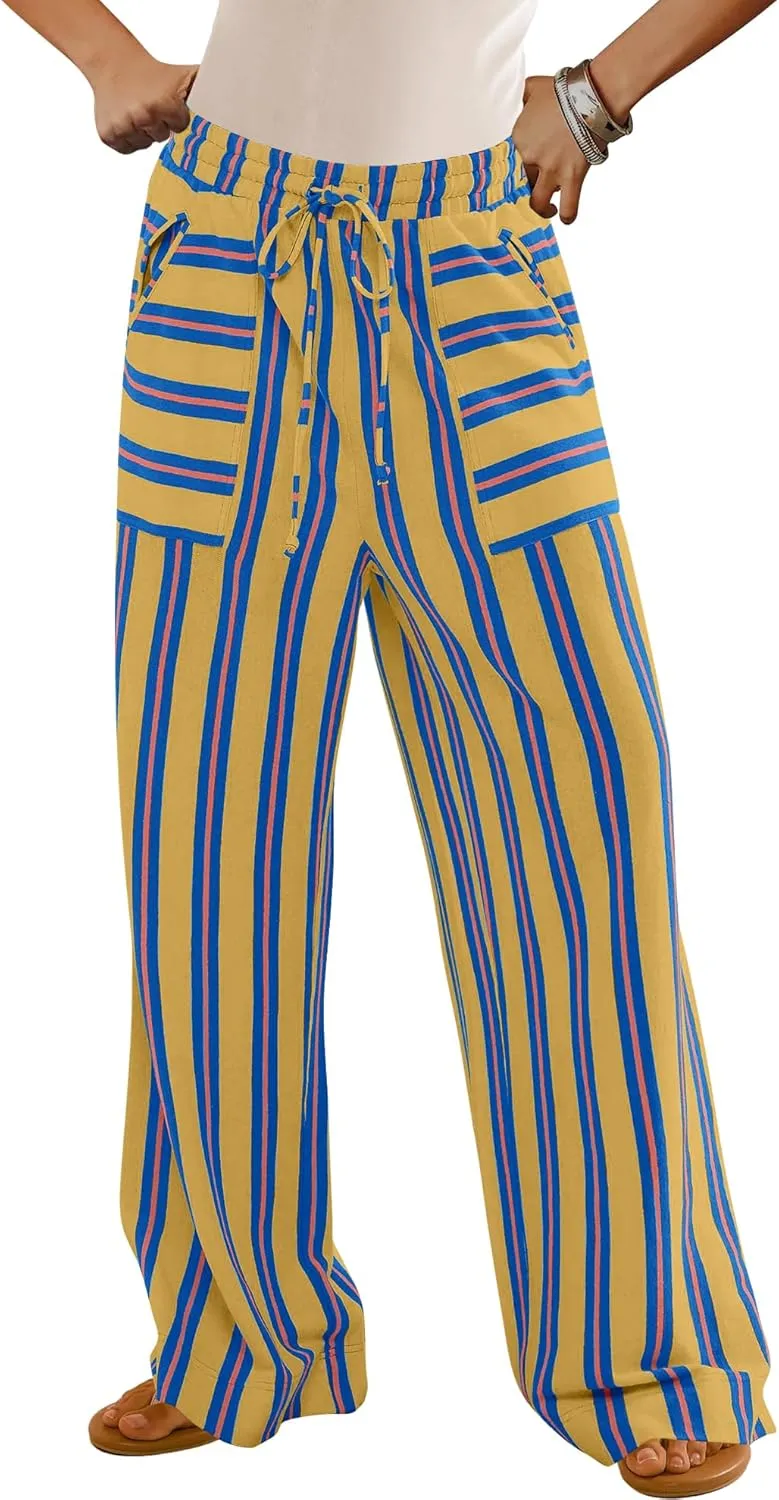 LAMISSCHE Womens Oversized Striped Wide Leg Pants High Waisted Lounge Pants Beach Trousers with Pockets
