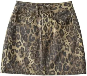 LAPRBY Womens Leopard Print High Waisted A-Line Mini Short Skirts Denim Y2k Jeans Mini Skirt with Pockets Club Dress