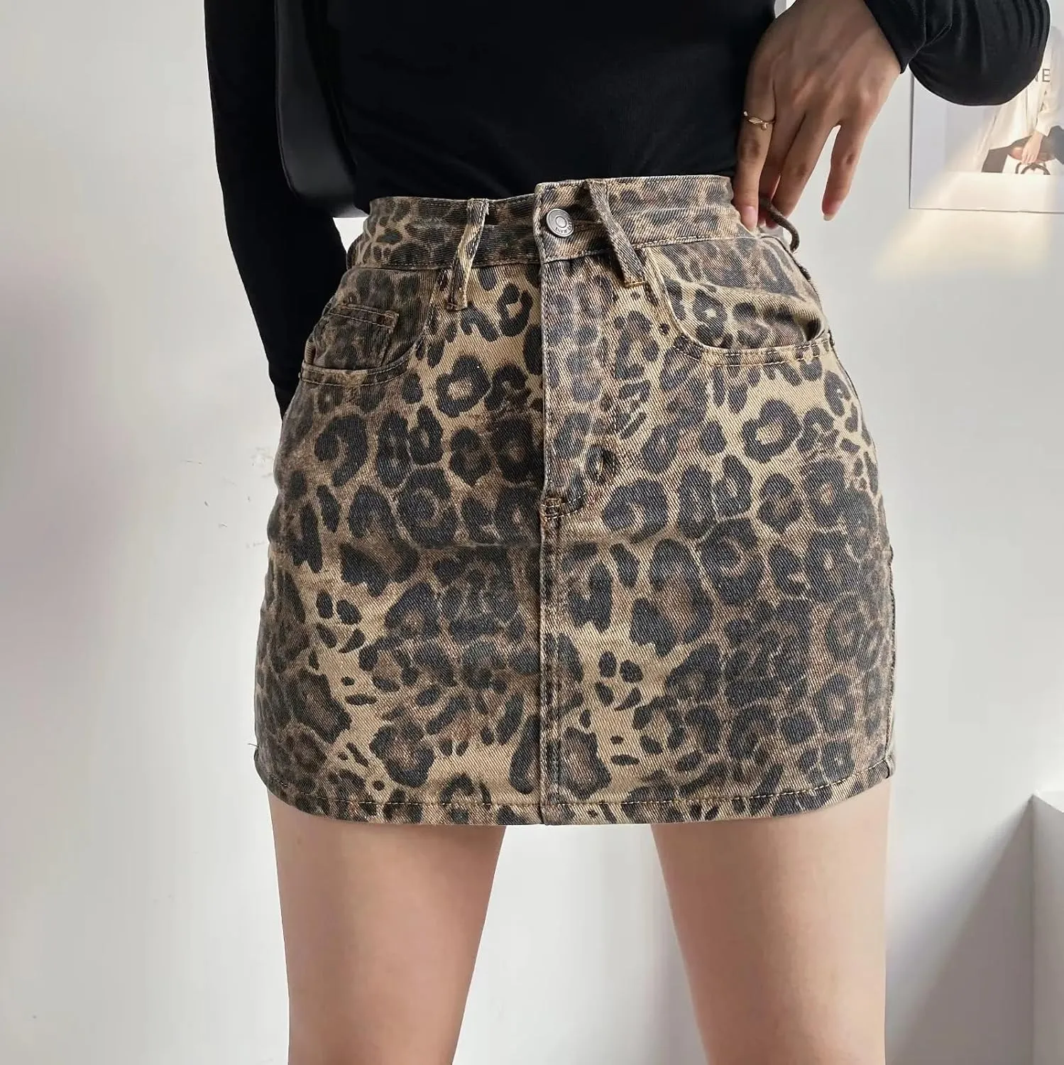 LAPRBY Womens Leopard Print High Waisted A-Line Mini Short Skirts Denim Y2k Jeans Mini Skirt with Pockets Club Dress