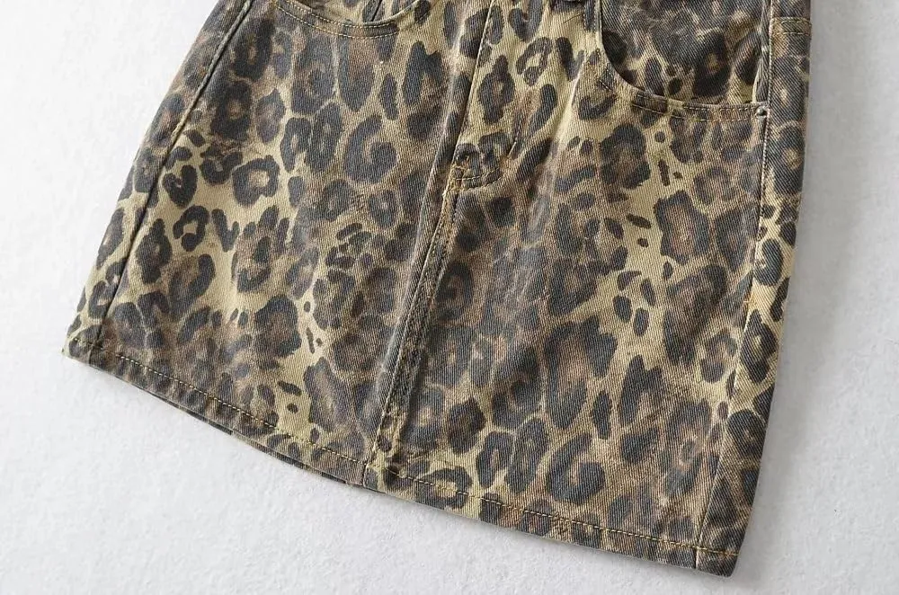 LAPRBY Womens Leopard Print High Waisted A-Line Mini Short Skirts Denim Y2k Jeans Mini Skirt with Pockets Club Dress
