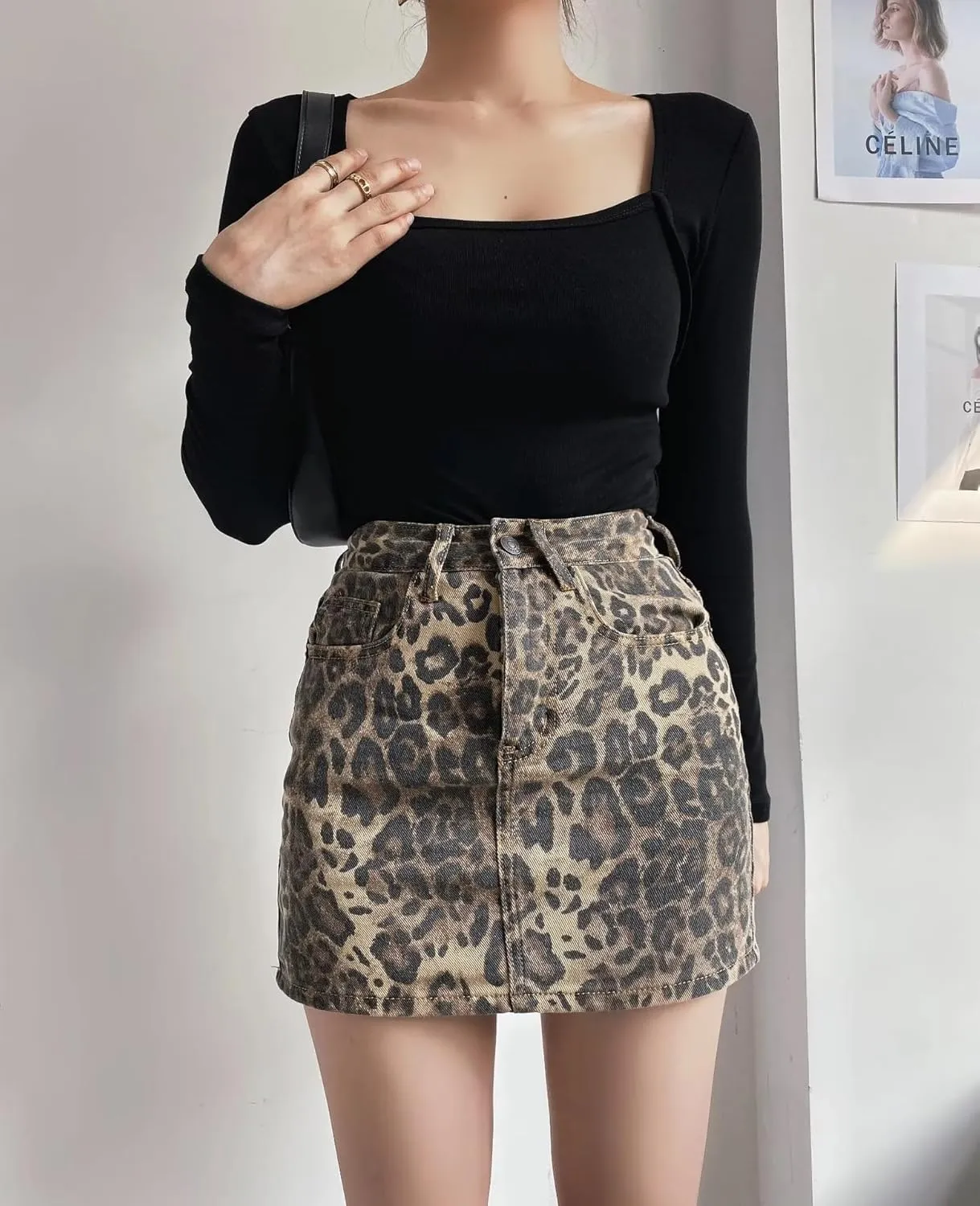 LAPRBY Womens Leopard Print High Waisted A-Line Mini Short Skirts Denim Y2k Jeans Mini Skirt with Pockets Club Dress