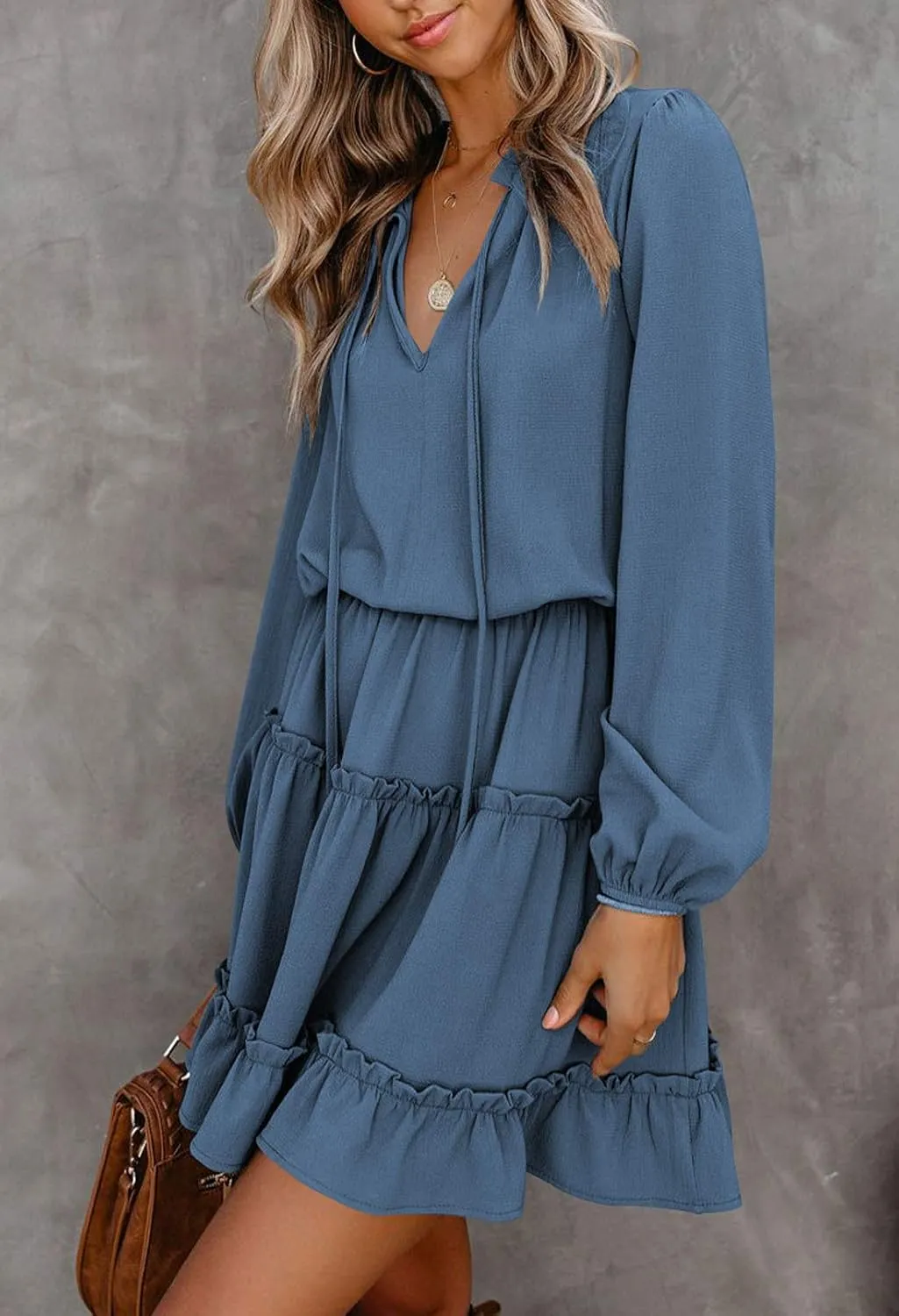 LaSuiveur Women's Lantern Casual Fall Dresses V Neck Tie Neck Long Sleeve High Waist Dot Ruffle Tiered Flowy Swing Mini Dress
