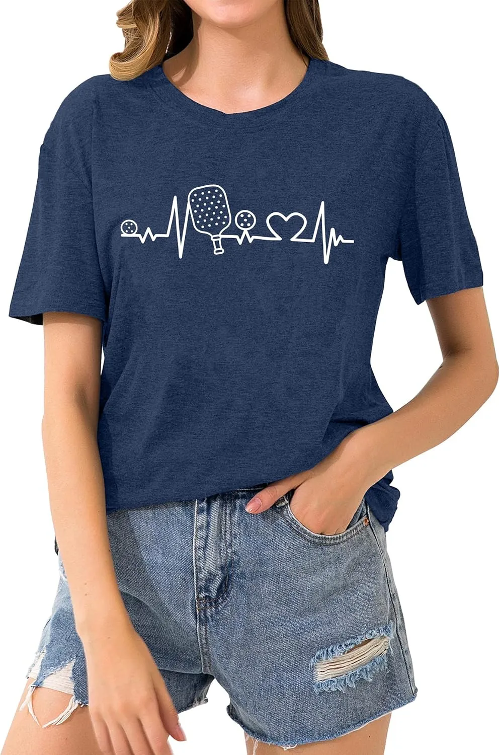 LAZYCHILD Pickleball Shirts Women Heartbeat Graphic T-Shirt for Pickleball Lover Gift Shirt