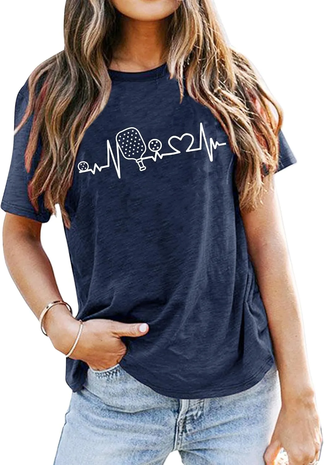 LAZYCHILD Pickleball Shirts Women Heartbeat Graphic T-Shirt for Pickleball Lover Gift Shirt