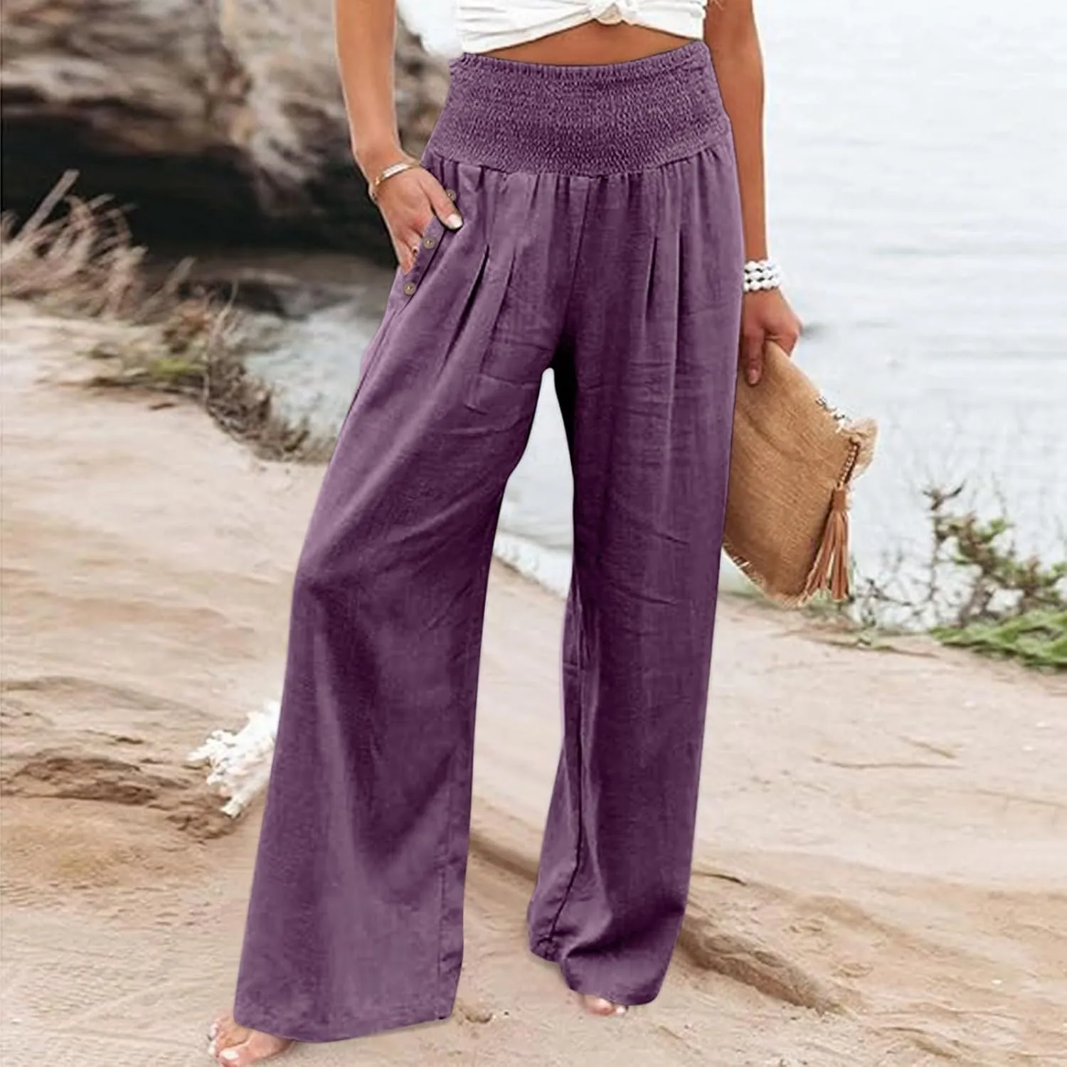 LCMTWX Flowy Pants for Women Solid Cotton and Pants with Pocket Long Pants with Pockets Pull On Pants for Women Womans