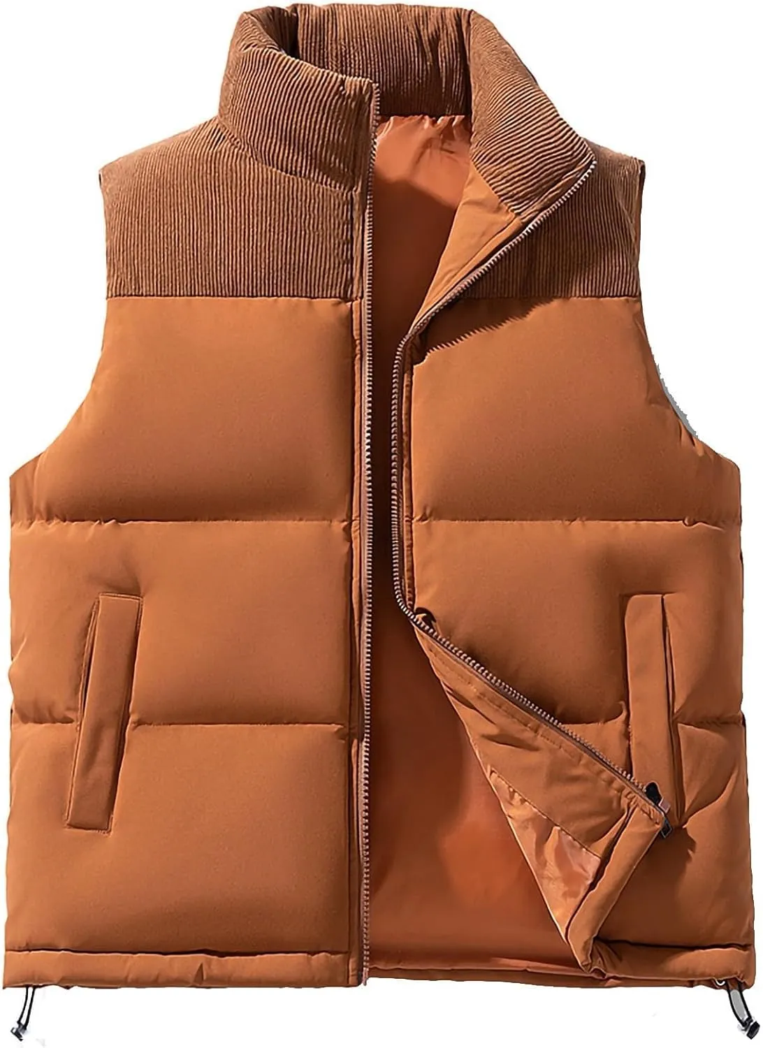 lcziwo Men's Puffer Vest Jacket Corduroy Patchwork Sleeveless Zip up Stand Collar Padded Cotton Coat Warm Winter Outwear