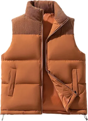 lcziwo Men's Puffer Vest Jacket Corduroy Patchwork Sleeveless Zip up Stand Collar Padded Cotton Coat Warm Winter Outwear