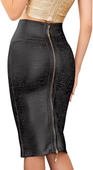 Leather Midi-Calf Bandage Skirt Metallic Bandage Pencil Office Skirt