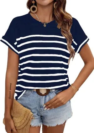 LilyCoco Womens Short Batwing Sleeve Striped Shirt Crew Neck Tops Casual Loose Fit Tee
