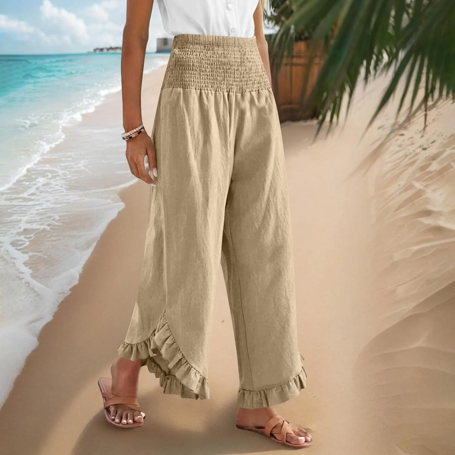 Linen Pants for Women Summer Wide Leg High Waisted Flowy Palazzo Casual Solid Smocked Beach Capri Trousers