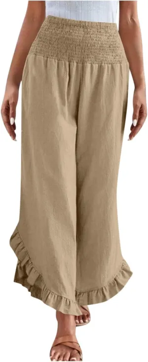 Linen Pants for Women Summer Wide Leg High Waisted Flowy Palazzo Casual Solid Smocked Beach Capri Trousers
