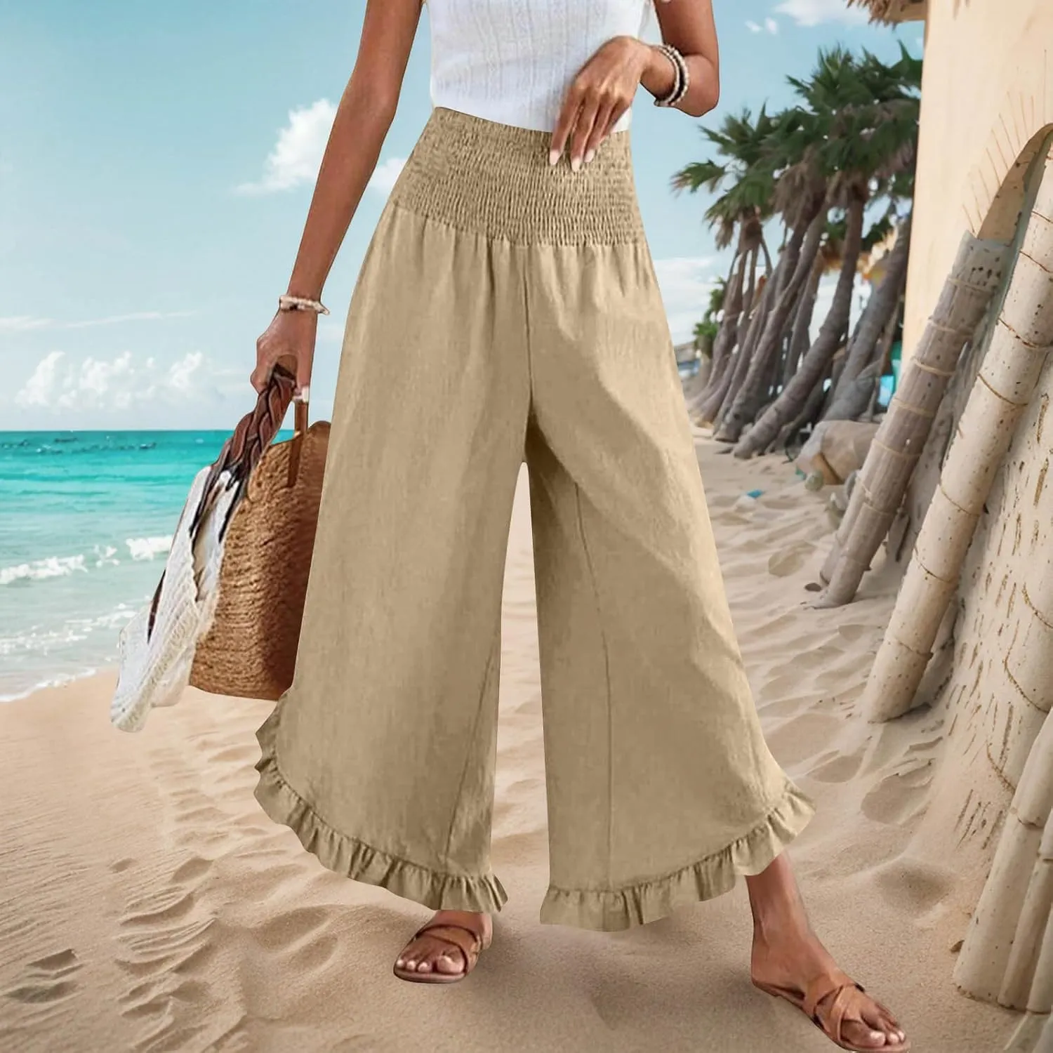 Linen Pants for Women Summer Wide Leg High Waisted Flowy Palazzo Casual Solid Smocked Beach Capri Trousers