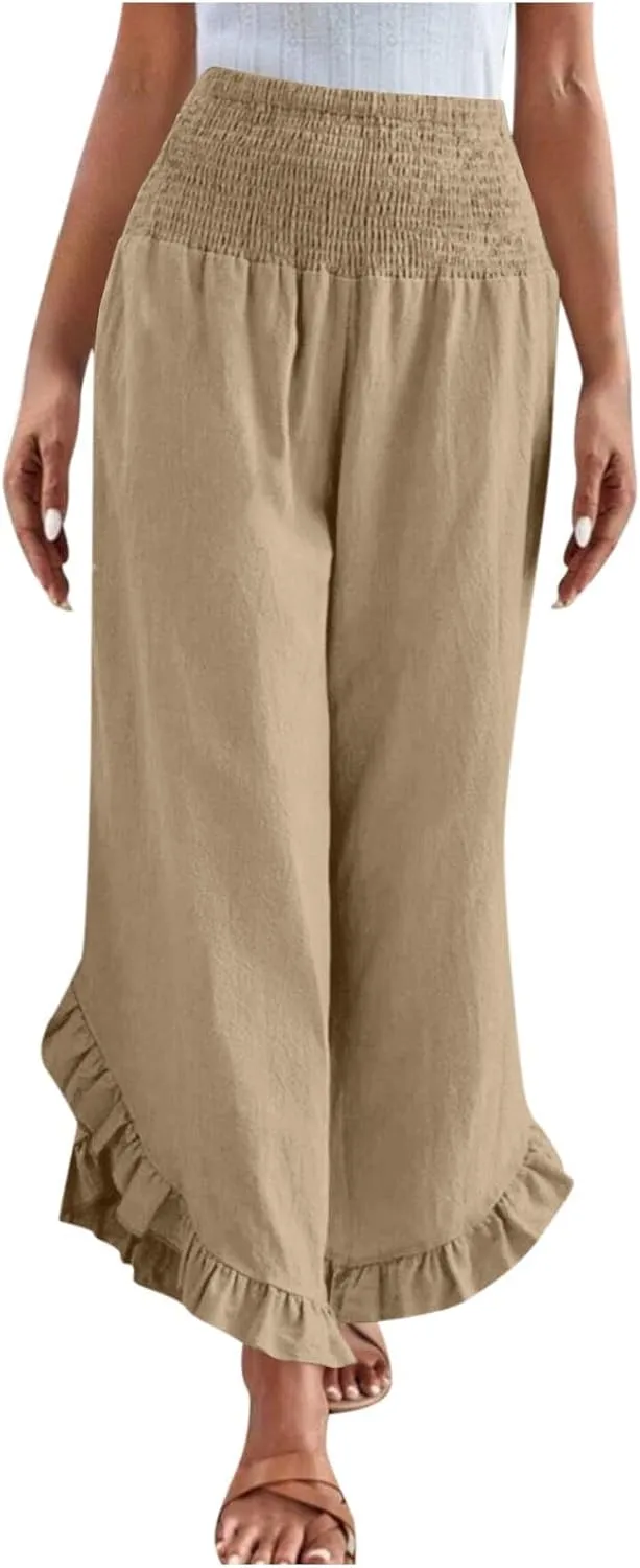 Linen Pants for Women Summer Wide Leg High Waisted Flowy Palazzo Casual Solid Smocked Beach Capri Trousers
