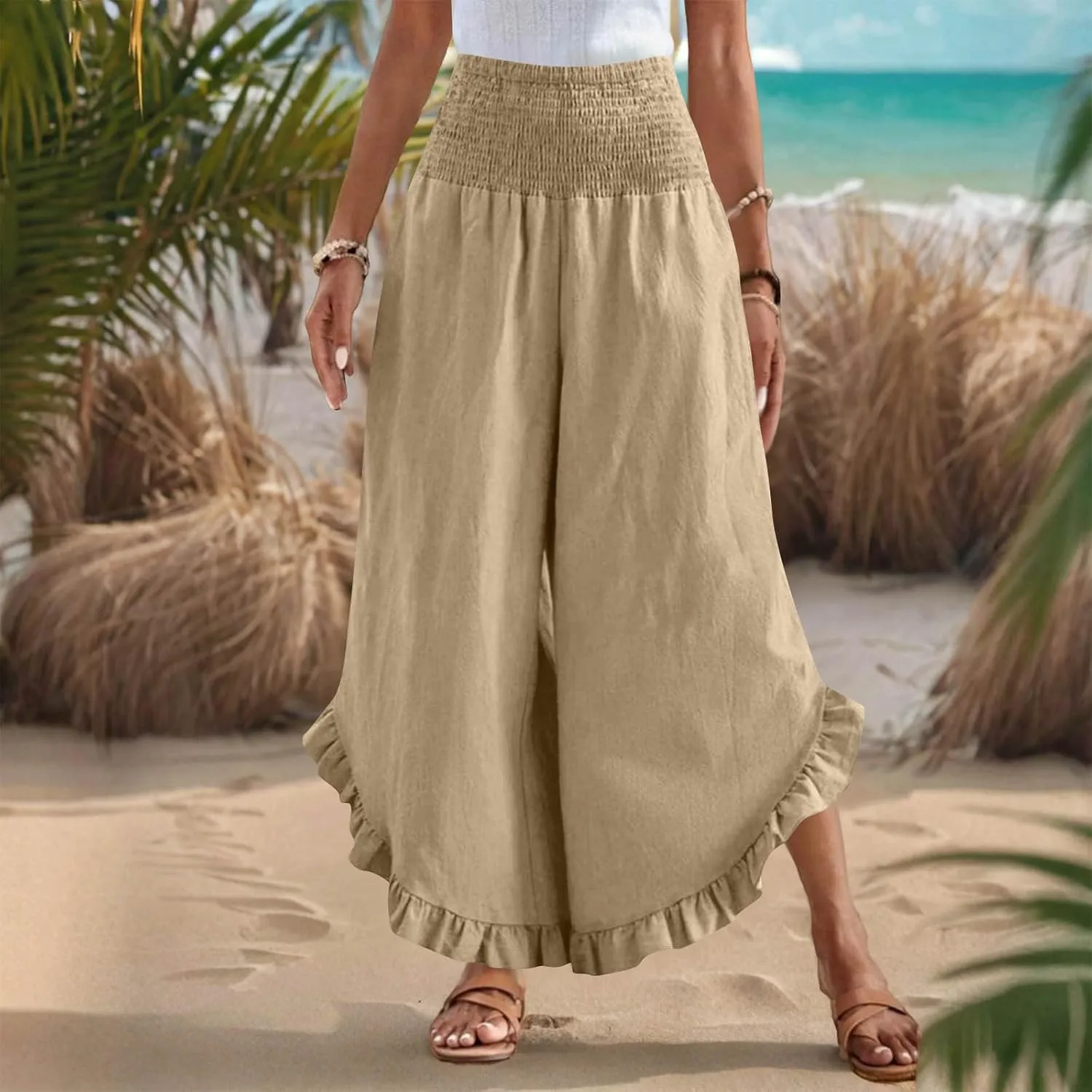 Linen Pants for Women Summer Wide Leg High Waisted Flowy Palazzo Casual Solid Smocked Beach Capri Trousers