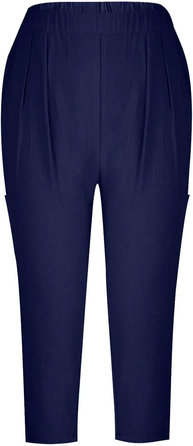 Linen Pants Women Casual 2025 Summer Elastic Waist Pull on Capri Pants Pull on Straight Leg Cropped Pants with Pockets