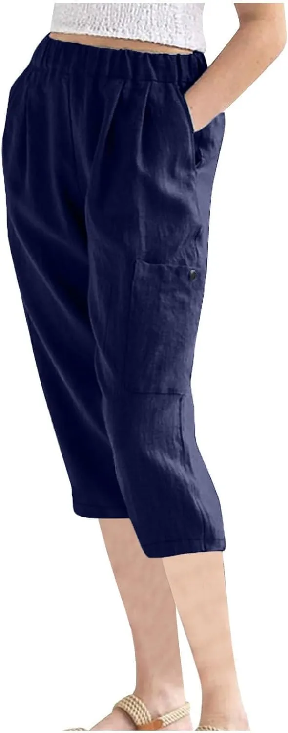 Linen Pants Women Casual 2025 Summer Elastic Waist Pull on Capri Pants Pull on Straight Leg Cropped Pants with Pockets