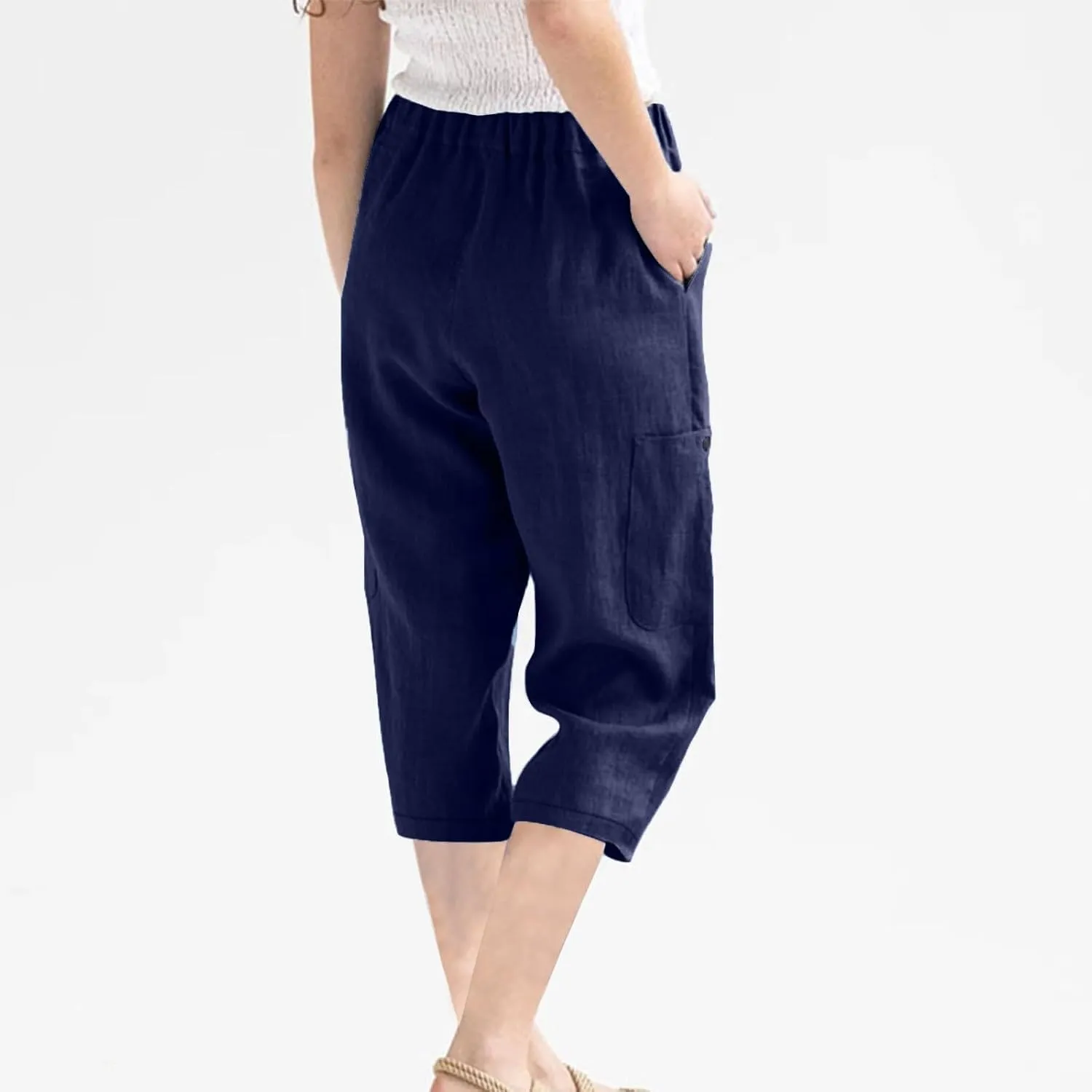Linen Pants Women Casual 2025 Summer Elastic Waist Pull on Capri Pants Pull on Straight Leg Cropped Pants with Pockets