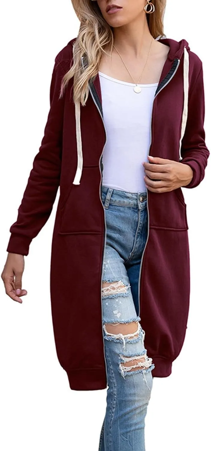 Long Hoodie for Women Winter Coats Zip Up Jackets Hooded Sweatshirts Fleece Lined Sweatshirt Sweaters with Pockets