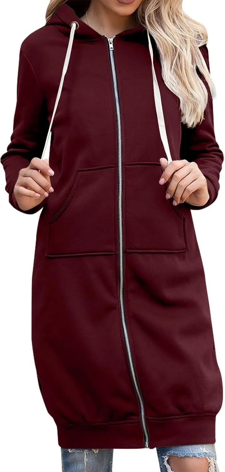 Long Hoodie for Women Winter Coats Zip Up Jackets Hooded Sweatshirts Fleece Lined Sweatshirt Sweaters with Pockets