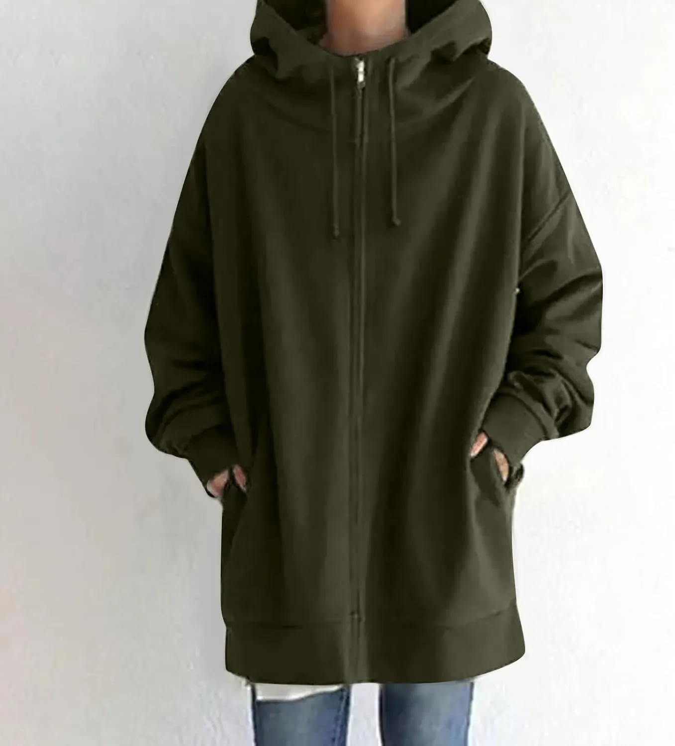 Long Hoodies for Women Zip Up Plus Size Loose Fit Fleece Jacket Long Sleeve Drawstring Sweatshirts with Pockets