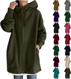 Long Hoodies for Women Zip Up Plus Size Loose Fit Fleece Jacket Long Sleeve Drawstring Sweatshirts with Pockets