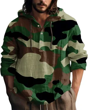 Long Sleeve Beach Hippie Tops with Hat Men's Casual Fashion Loose Trend Camouflage Long Sleeve Shirts