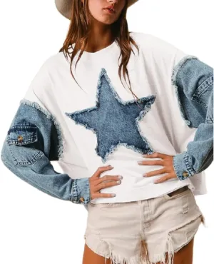 Lordree Women Star Patchwork Sweatshirt Denim Patch Crewneck Pullover Vintage Color Block Oversized Sweatshirts Streetwear
