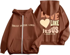 Love Like Jesus Zip Up Christian Hoodies for Women Bible Verse Graphic Y2K Hooded Sweatshirt Coat Fall Fashion Comfort Hoodie