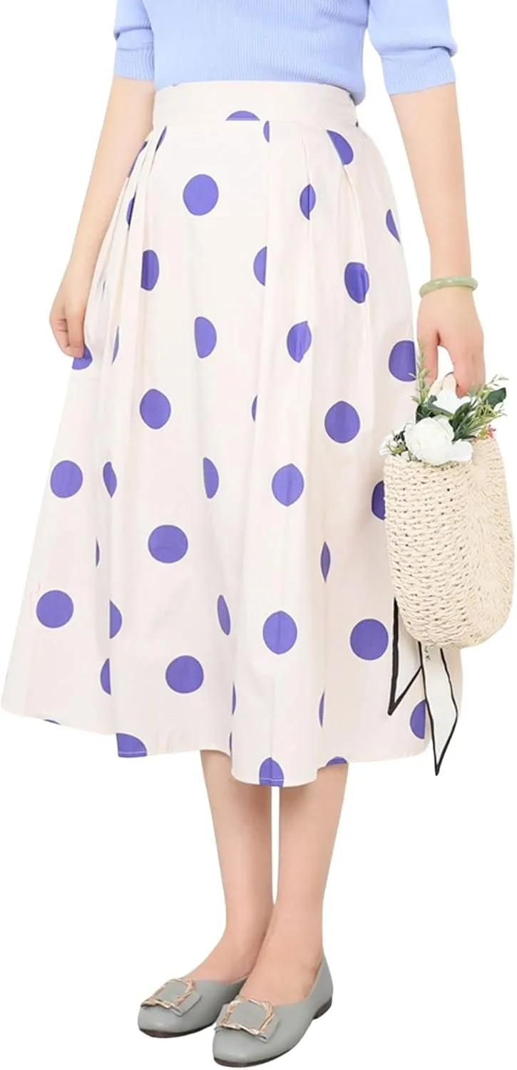 loveimgs Women's Cute Polka Dot Elastic Back Pleated A Line Midi Skirt High Waist Swing Skirt