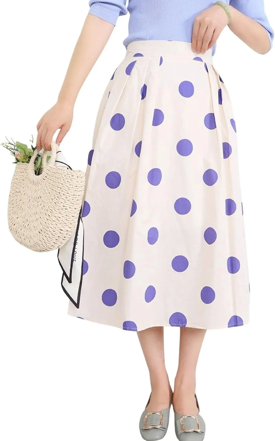 loveimgs Women's Cute Polka Dot Elastic Back Pleated A Line Midi Skirt High Waist Swing Skirt