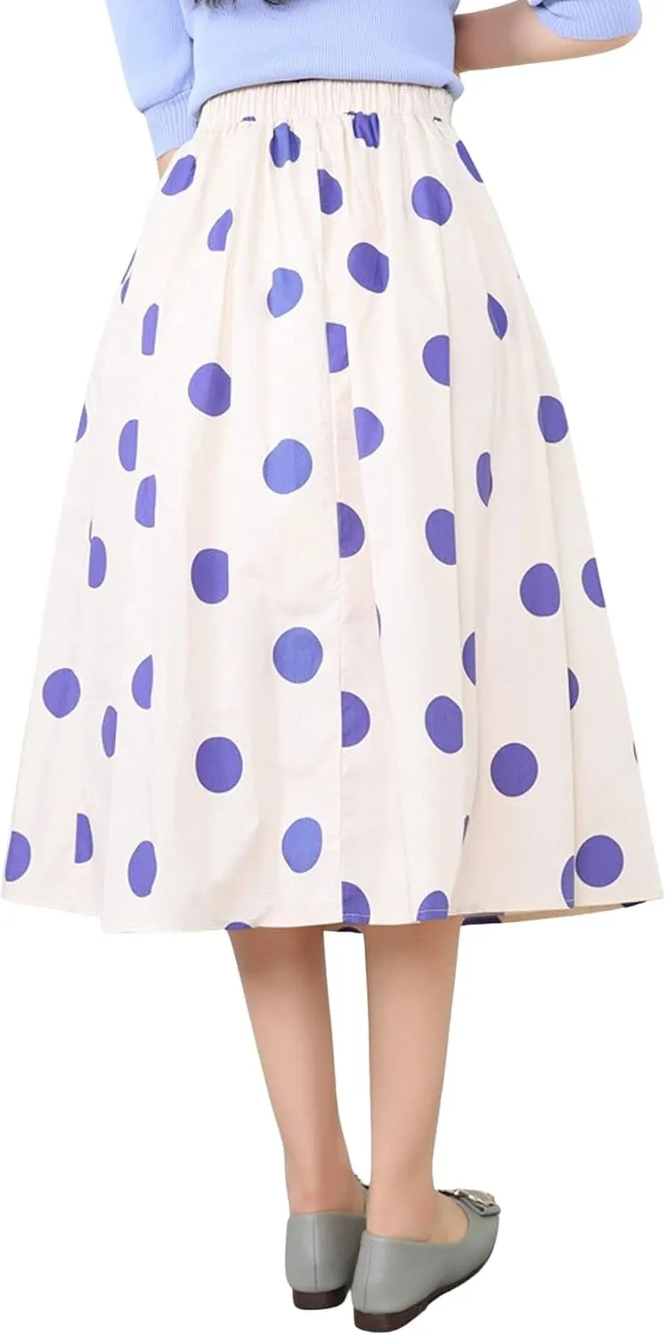 loveimgs Women's Cute Polka Dot Elastic Back Pleated A Line Midi Skirt High Waist Swing Skirt