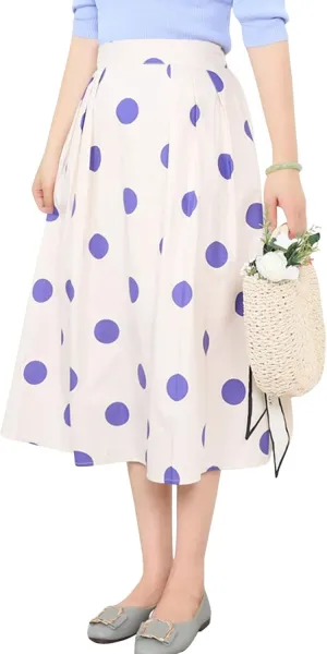 loveimgs Women's Cute Polka Dot Elastic Back Pleated A Line Midi Skirt High Waist Swing Skirt