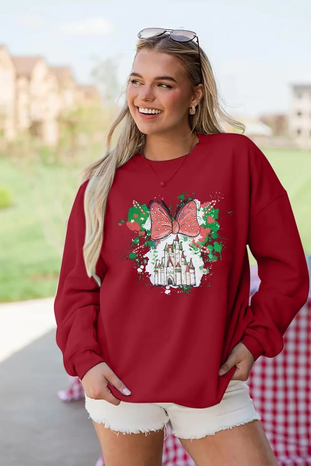 LUKYCILD Magic Kingdom Sweatshirts for Women Castle Oversized Sweatshirt Holiday Shirt Graphic Long Sleeve Pullover Tops