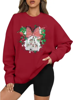 LUKYCILD Magic Kingdom Sweatshirts for Women Castle Oversized Sweatshirt Holiday Shirt Graphic Long Sleeve Pullover Tops