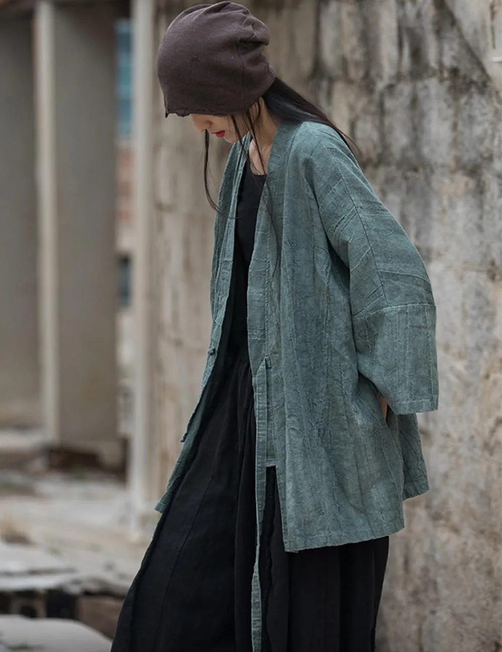 LUZU JUNU Women Open Front Kimono Jacket Cotton Linen Vintage Tie Dye Hanfu Lace-Up Cardigan