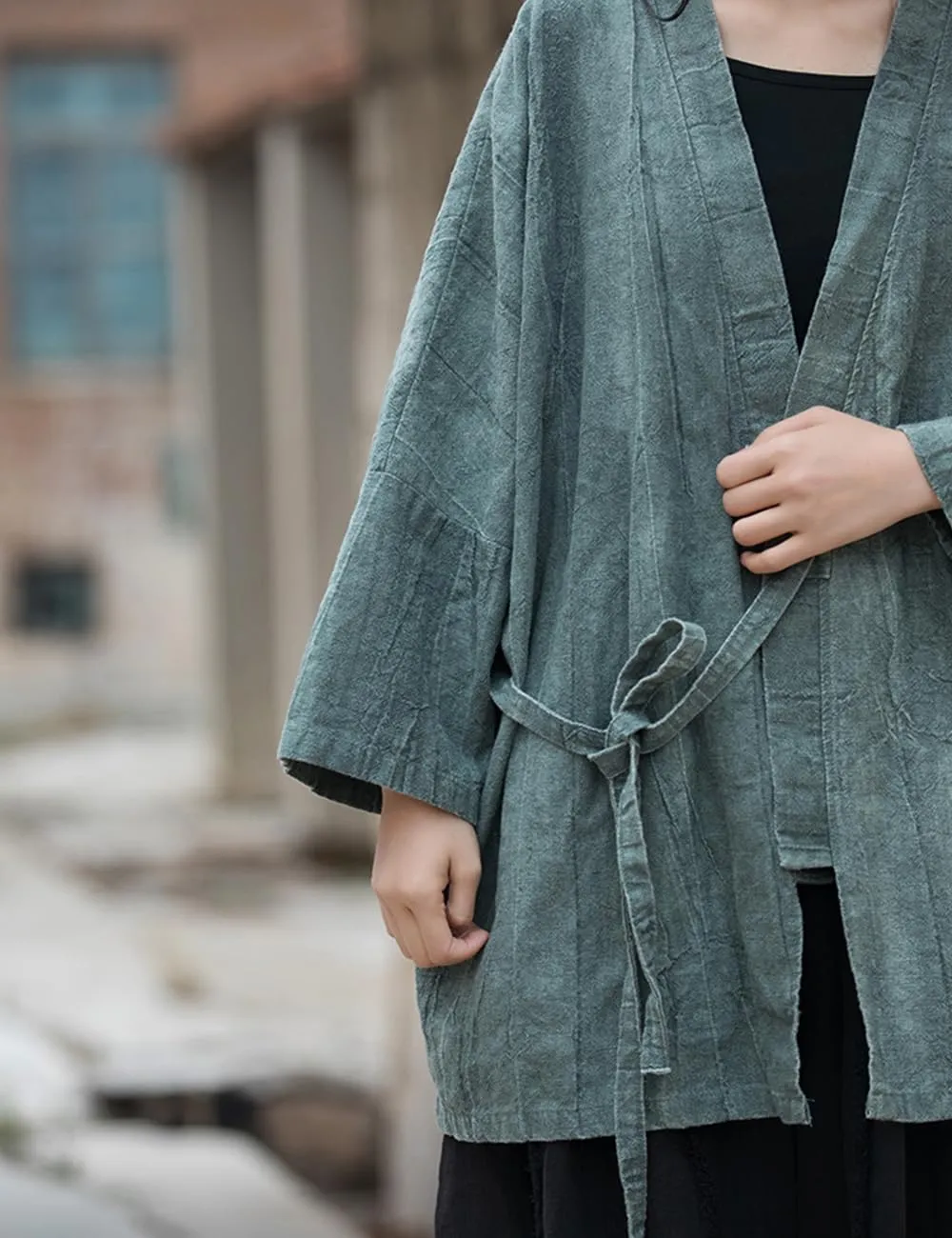 LUZU JUNU Women Open Front Kimono Jacket Cotton Linen Vintage Tie Dye Hanfu Lace-Up Cardigan