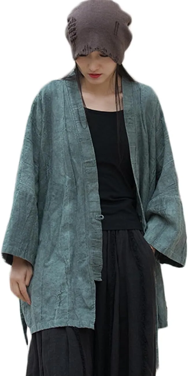 LUZU JUNU Women Open Front Kimono Jacket Cotton Linen Vintage Tie Dye Hanfu Lace-Up Cardigan