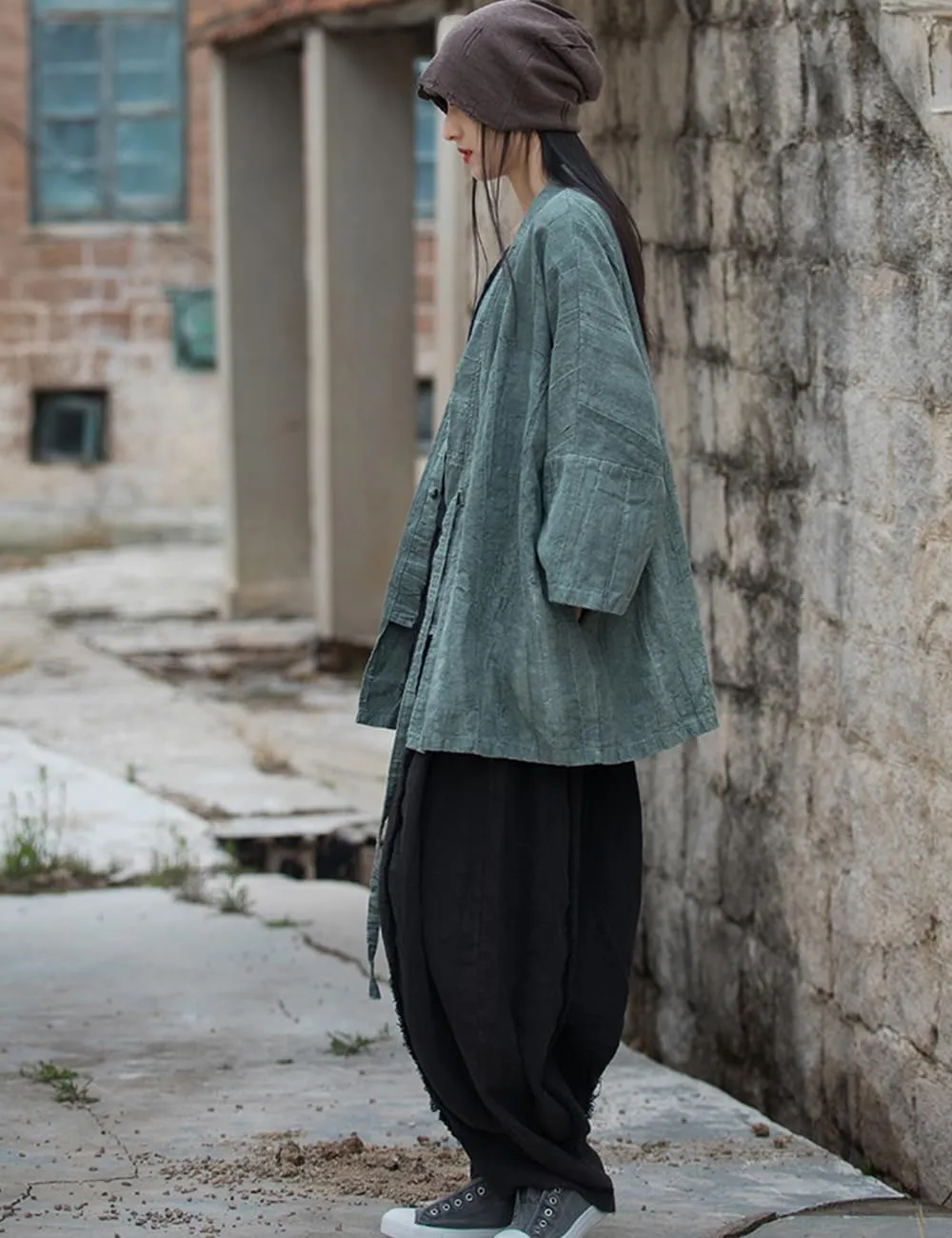 LUZU JUNU Women Open Front Kimono Jacket Cotton Linen Vintage Tie Dye Hanfu Lace-Up Cardigan