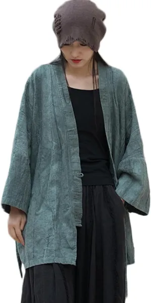 LUZU JUNU Women Open Front Kimono Jacket Cotton Linen Vintage Tie Dye Hanfu Lace-Up Cardigan