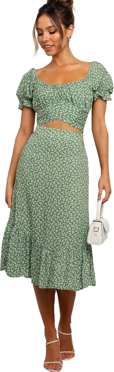 LYANER Women's 2 Piece Outfits Floral Self Tie Knot Crop Top and Midi Skirt Set