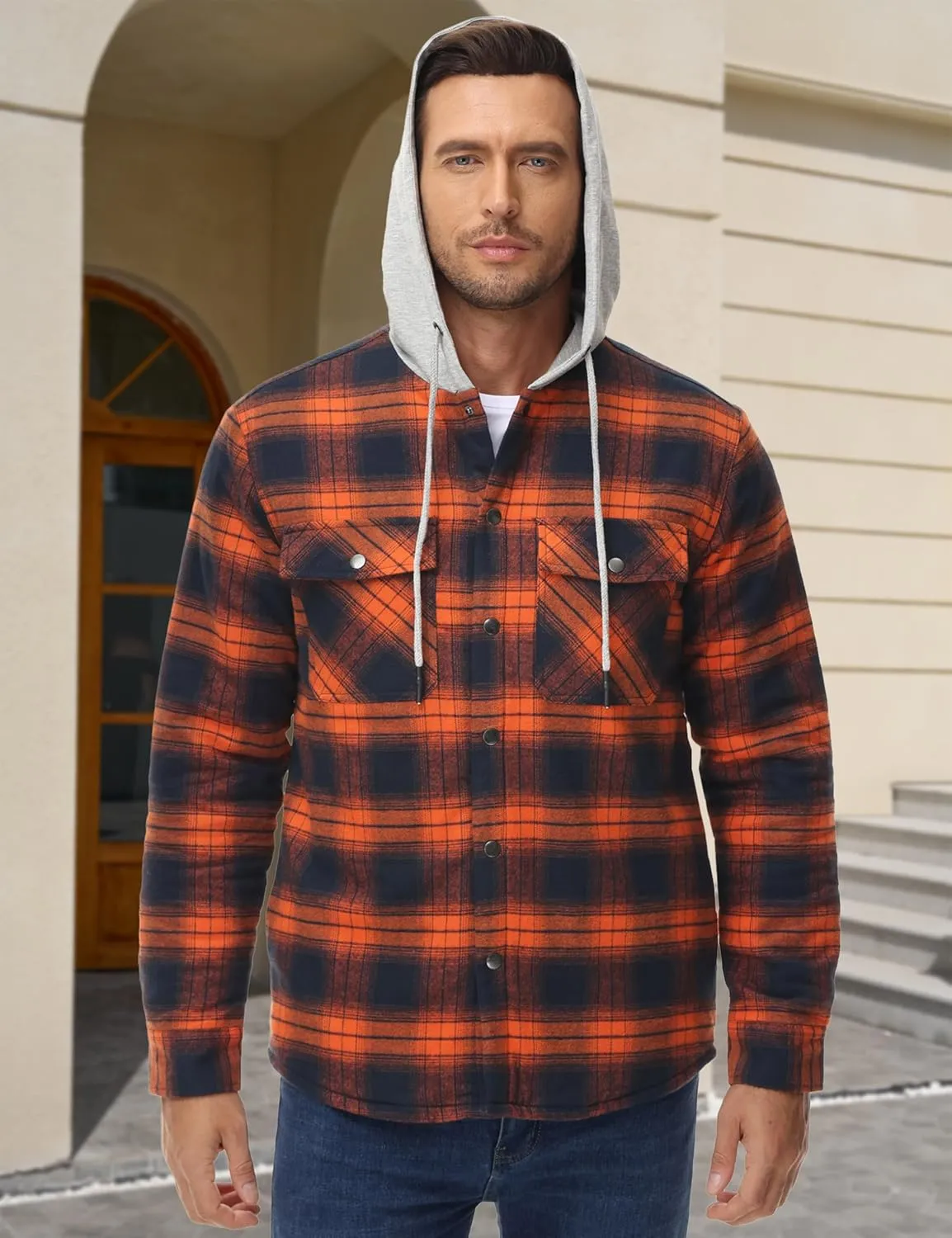 MAGCOMSEN Men's Quilted Lined Flannel Hoodie Jacket Cotton Button Down Shirt Jacket Long Sleeve Plaid Shirt Shacket