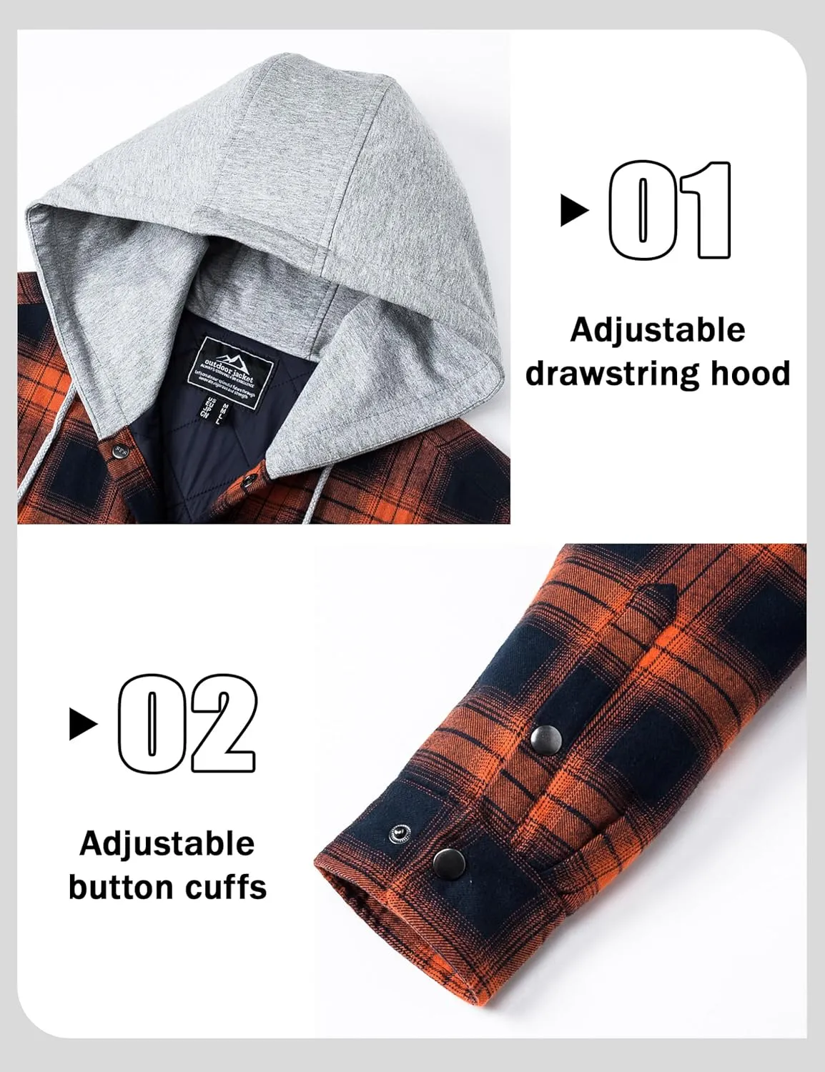MAGCOMSEN Men's Quilted Lined Flannel Hoodie Jacket Cotton Button Down Shirt Jacket Long Sleeve Plaid Shirt Shacket
