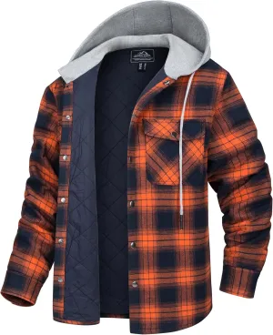 MAGCOMSEN Men's Quilted Lined Flannel Hoodie Jacket Cotton Button Down Shirt Jacket Long Sleeve Plaid Shirt Shacket