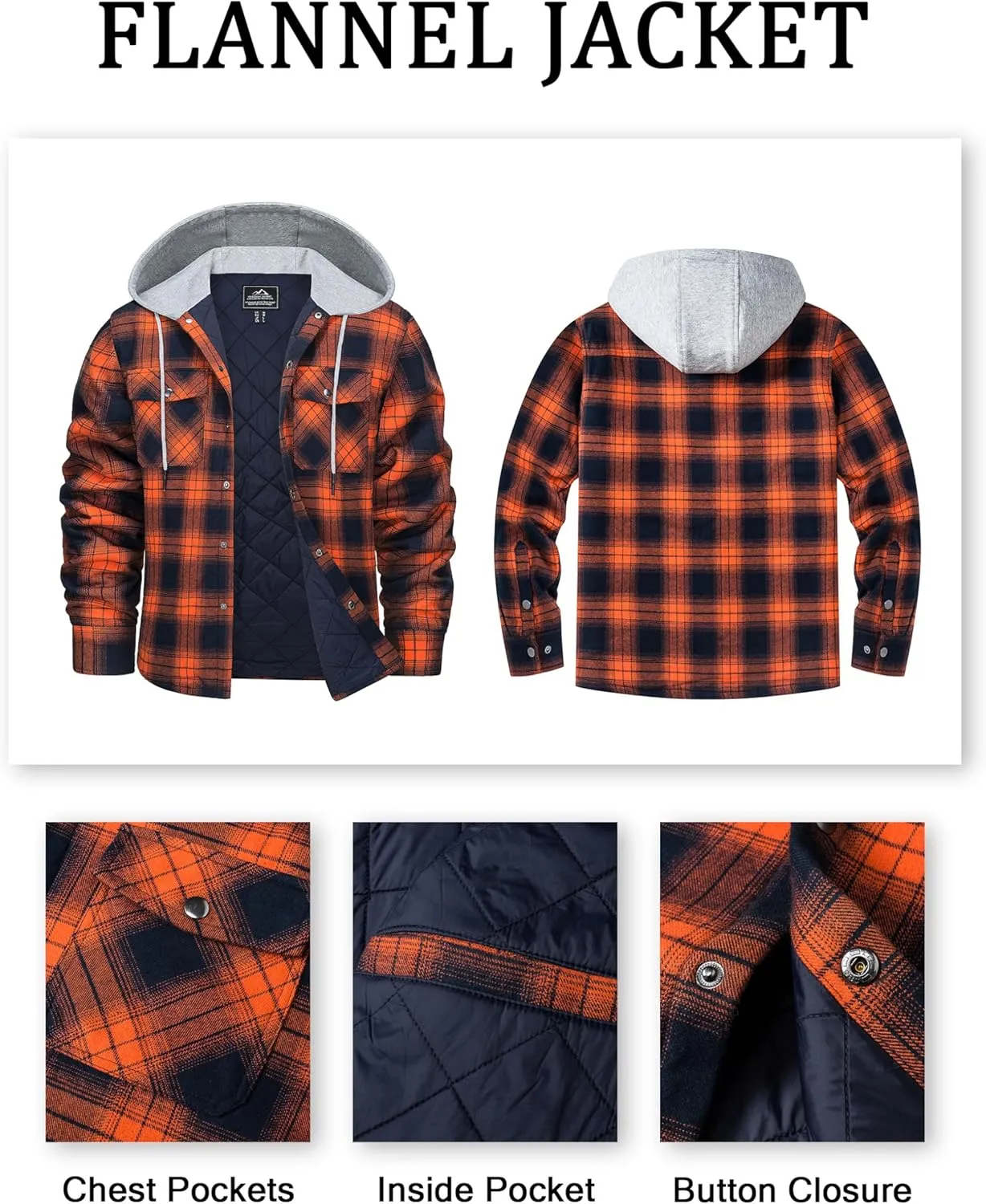 MAGCOMSEN Men's Quilted Lined Flannel Hoodie Jacket Cotton Button Down Shirt Jacket Long Sleeve Plaid Shirt Shacket