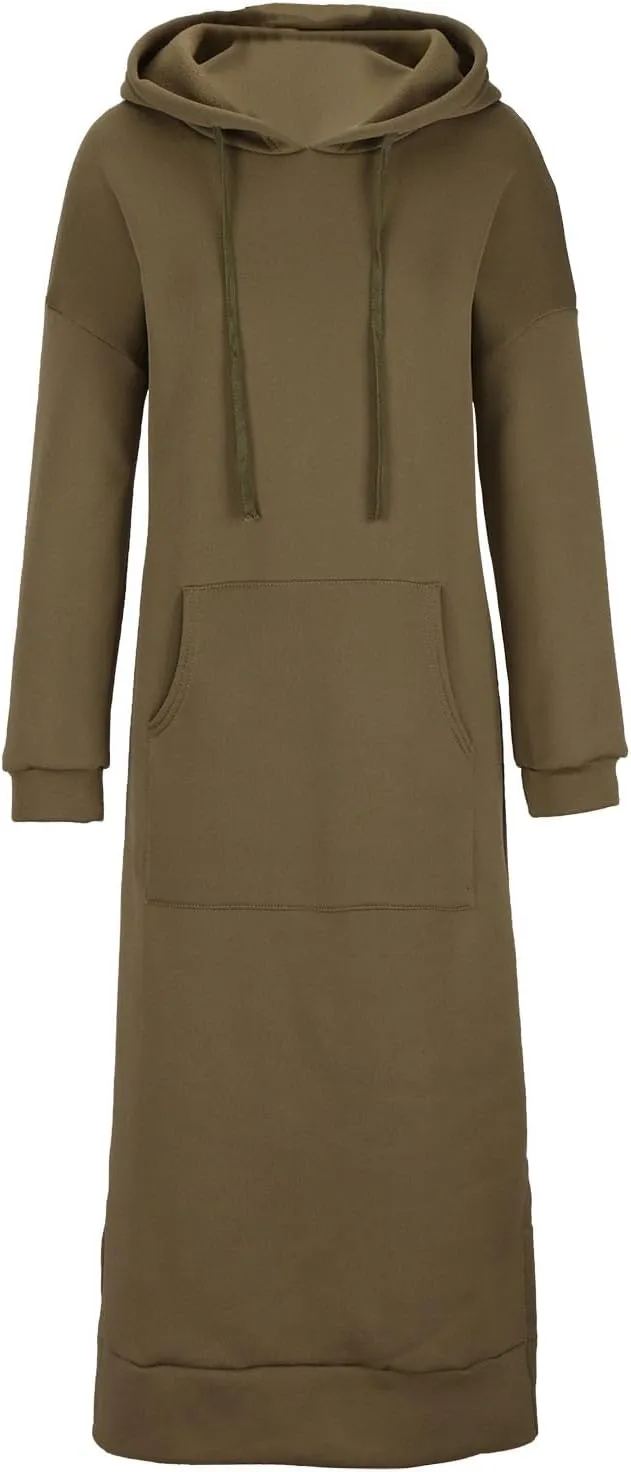 Maxi Hooded Dress for Women Split Hem Hooded Long Sweatshirt Dress with Pockets Long Hoodies 2023 Fall Fashion