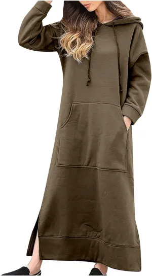 Maxi Hooded Dress for Women Split Hem Hooded Long Sweatshirt Dress with Pockets Long Hoodies 2023 Fall Fashion