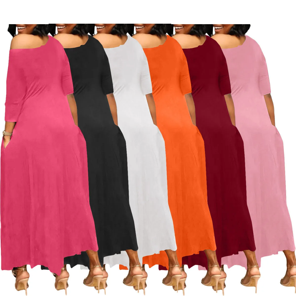 MB FASHION Casual Off-Shoulder Maxi Dress with Pockets 9283R