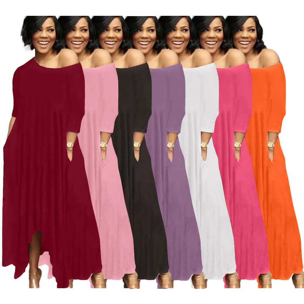 MB FASHION Casual Off-Shoulder Maxi Dress with Pockets 9283R
