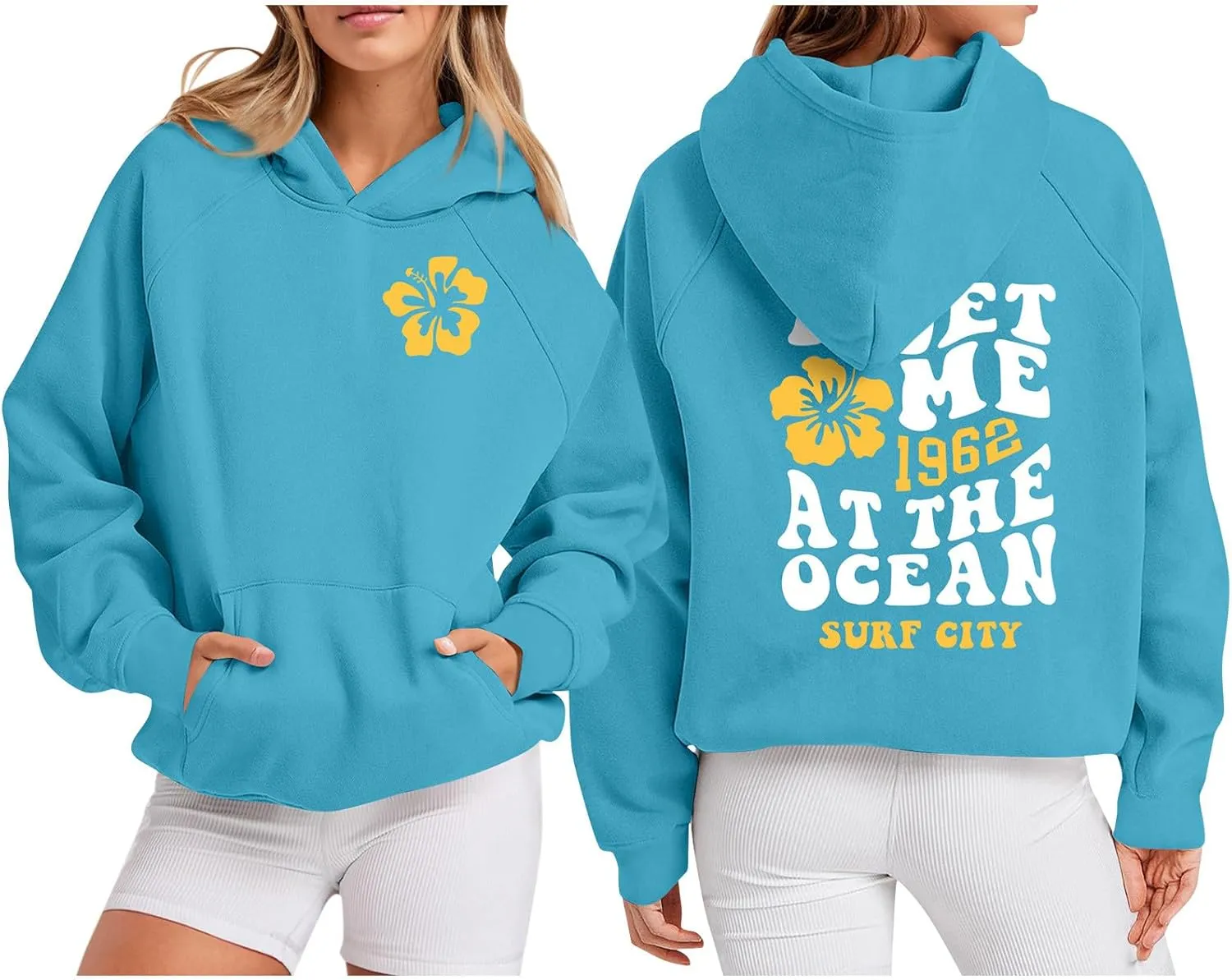 Meet Me 1962 At The Ocean Hoodies Long Sleeve Hooded Sweatshirt Trendy Letter Print Cute Preppy Y2K Pullover Tops